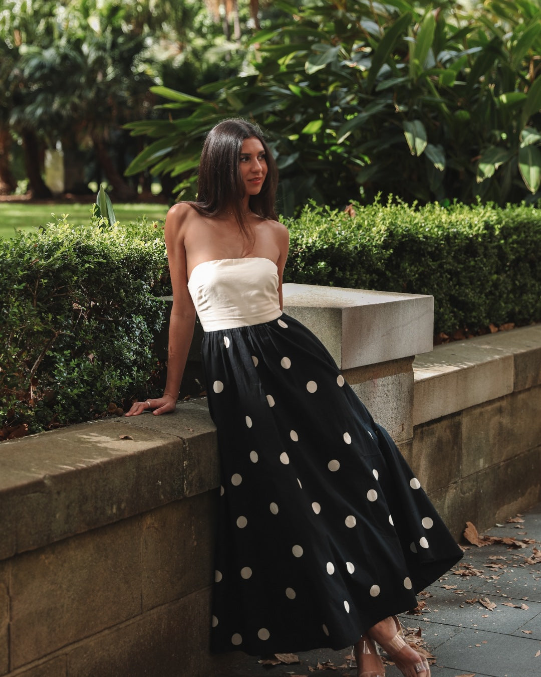 Women’s Maxi Dress – Strapless Wrap Bodice – Polka Dot A-Line – Flowy Fit