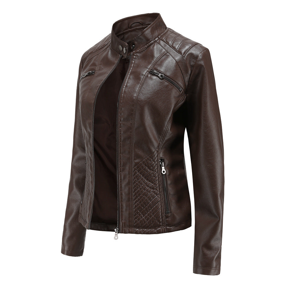 Women's casual faux leather stand-up collar jacket