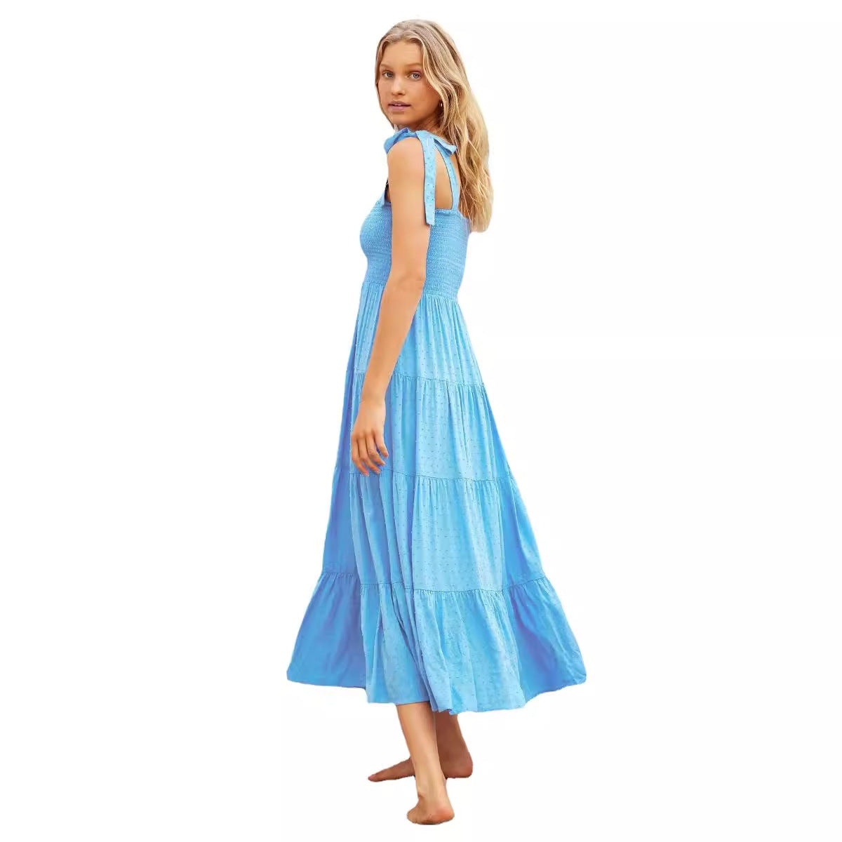 Women’s Midi Dress – Smocked Bodice – Adjustable Tie Straps – Tiered A-Line Skirt