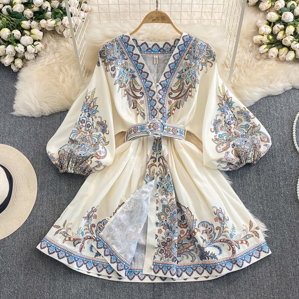 Women’s Maxi Dress – Relaxed Fit – V-Neck with Trim – Belted Waist – Paisley Print