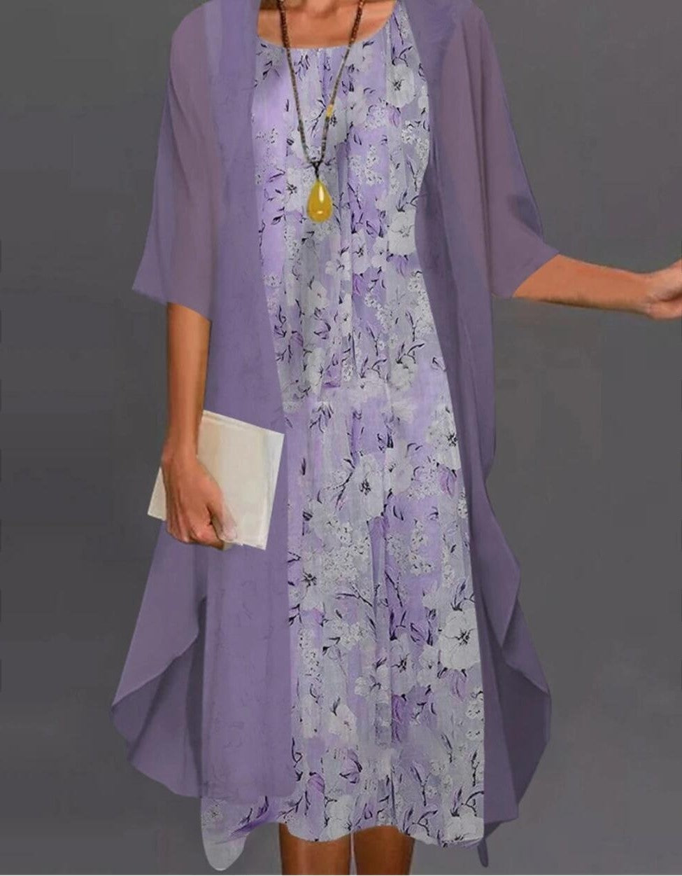 Women’s Midi Dress Set – Relaxed Fit – Sheer Overlay – Floral Print – Asymmetrical Hem