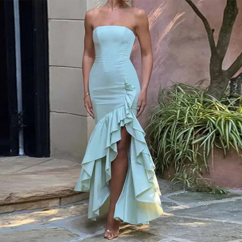 Women’s Strapless Dress – Slim Fit – Midi Length – Asymmetrical Ruffle Hem – Evening Wear