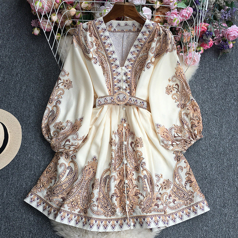 Women’s Maxi Dress – Relaxed Fit – V-Neck with Trim – Belted Waist – Paisley Print