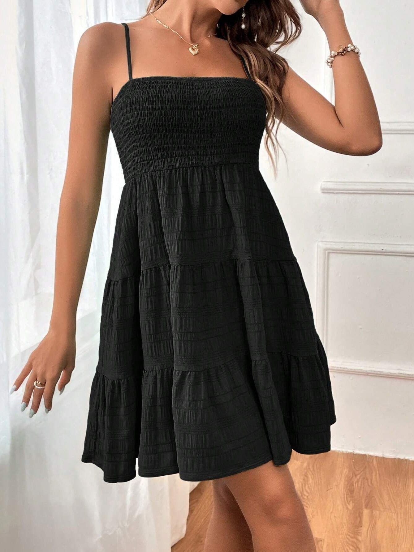 Smocked Bodice Flowy Tiered Skirt Dress