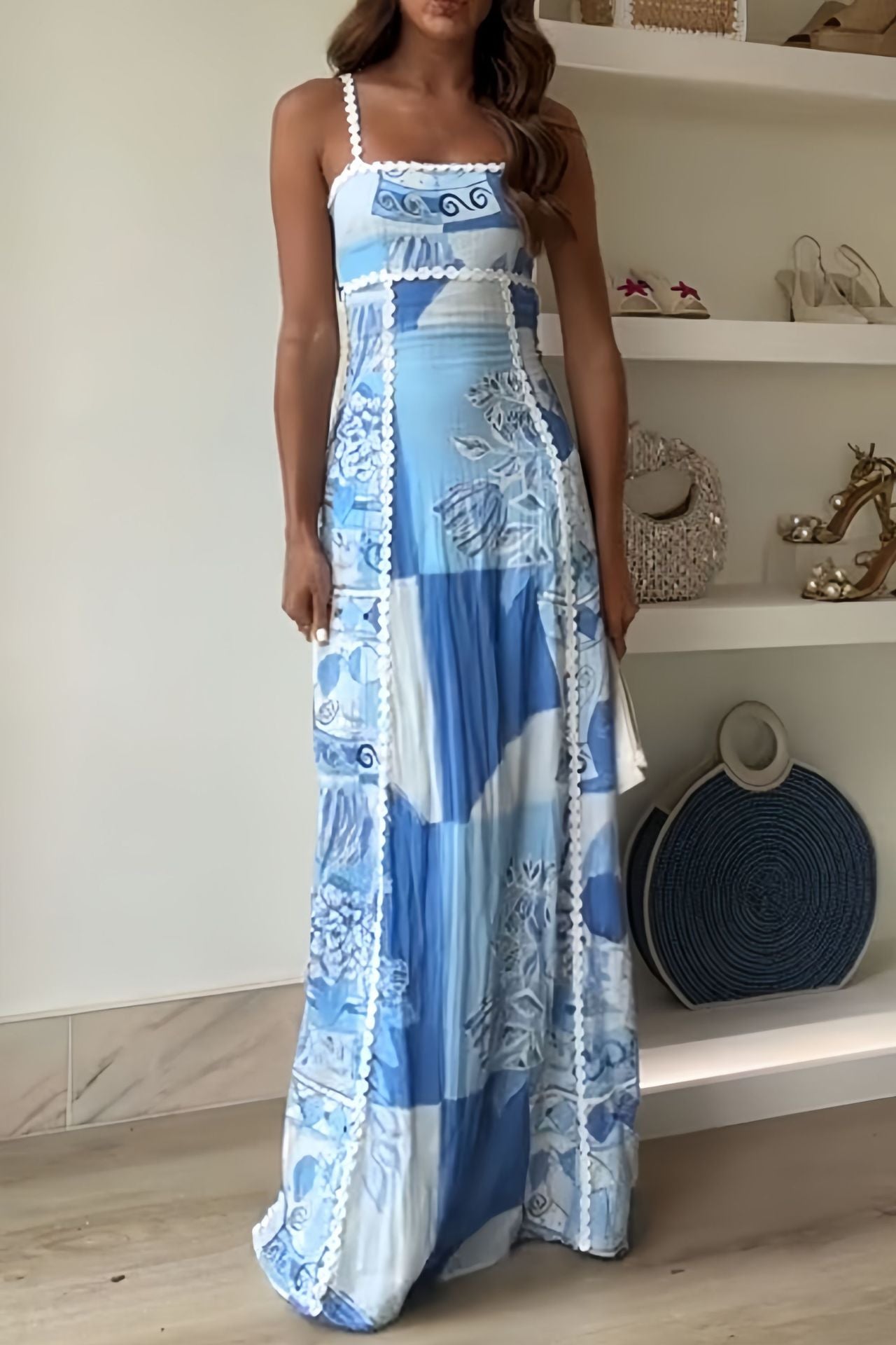 Women’s Maxi Dress – Sleeveless A-Line Fit – Lace Trim – Boho Floral Print – Cotton Blend
