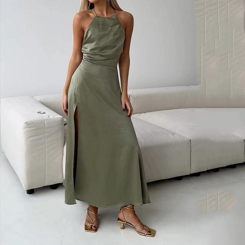 Women’s Maxi Dress – Slim Fit – Halter Neck – Open Back – Silky Fabric – Side Slit