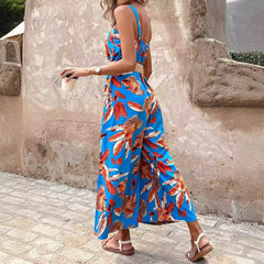 Women’s Jumpsuit – Tailored Waist – Floral Design – Wide Leg – Breathable Blend