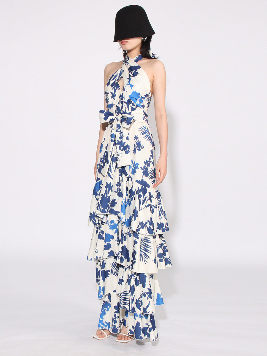 Women's Evening Gown - Halter Neck Cutout - Floral Print - Tiered Ruffle Floor-Length