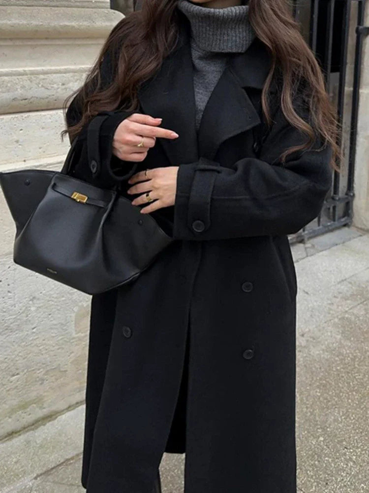 Women’s Long Coat – Wool Blend – Oversized Fit – Double-Breasted – Belted Trench