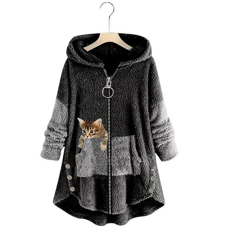 Women’s Long Hooded Jacket – Oversized Fit – Plush Fleece – Kangaroo Pocket – High-Low Hem
