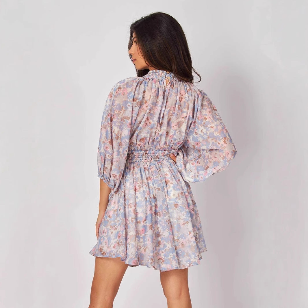 Women’s Short Dress – Chiffon – V-Neck – Ruched Waist – Bishop Sleeve – Bohemian Fit