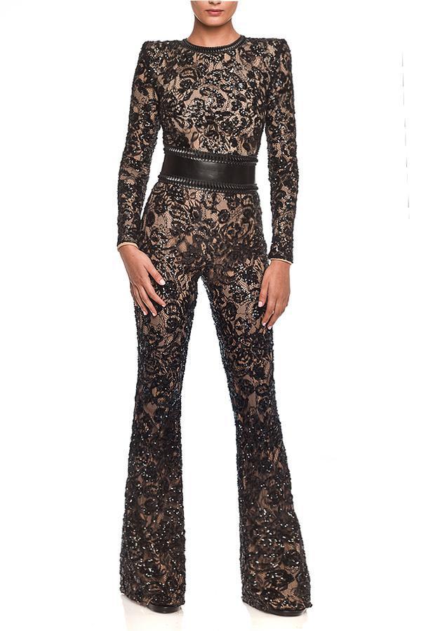 Women’s Lace Jumpsuit – Fitted Silhouette – Long Sleeve – Belted Waist – Full Length