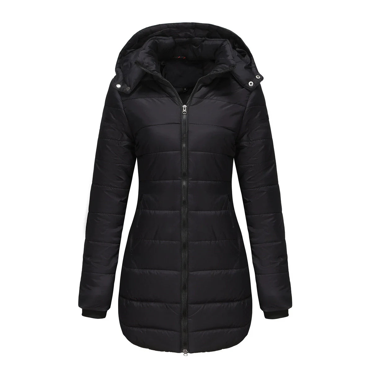 Women’s Puffer Jacket – Quilted Mid-Length Fit – Detachable Hood – Zipper Closure