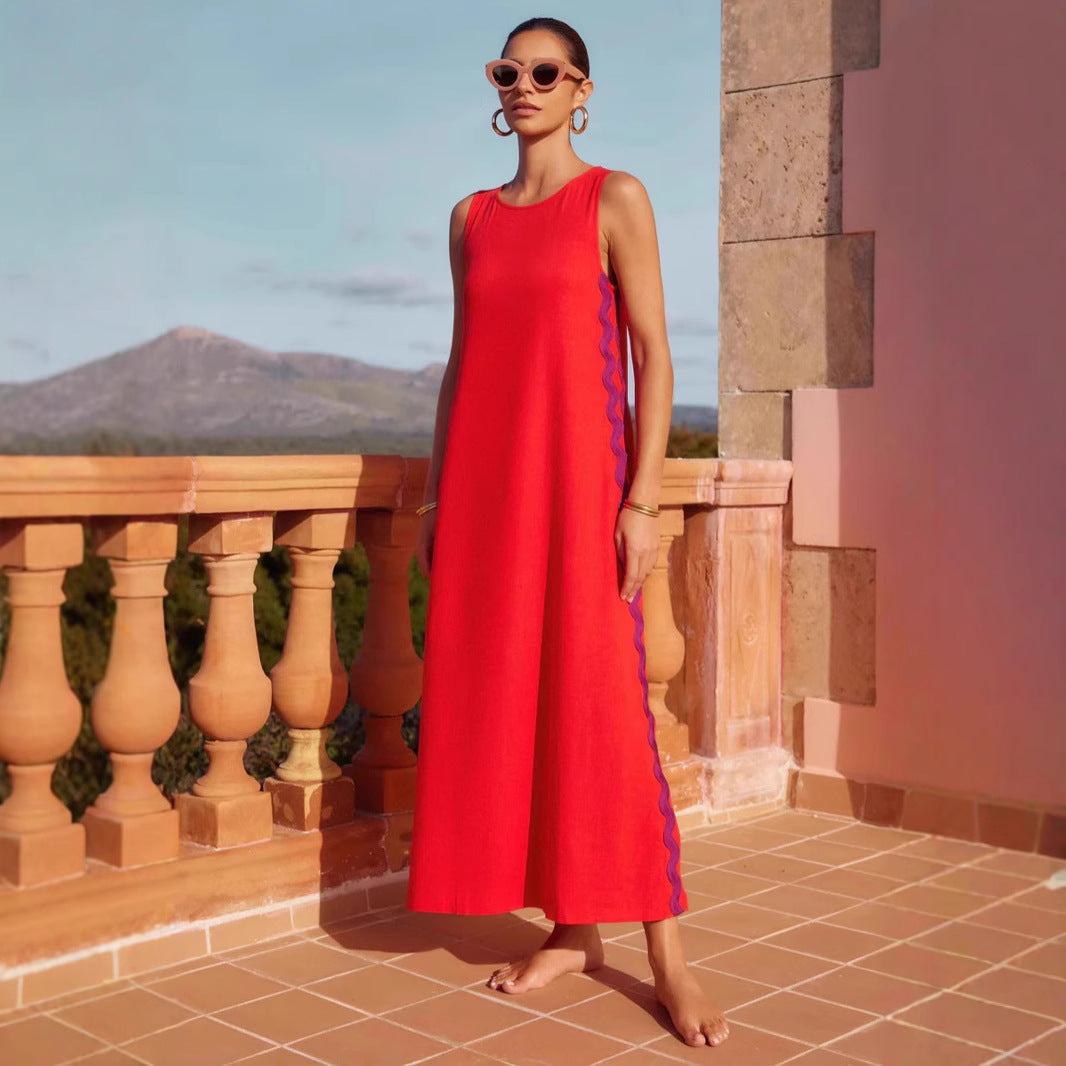 Women’s Sleeveless Midi Dress – Relaxed Fit – Cotton Blend – Round Neck Casual Style