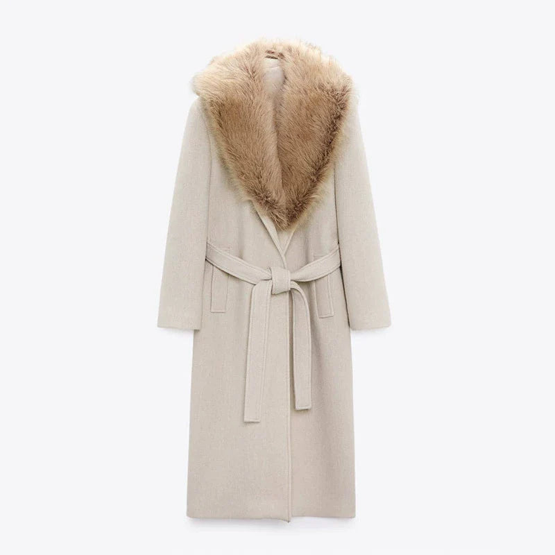 Women’s Long Coat – Wool Blend – Relaxed Fit – Belted Waist – Faux Fur Collar