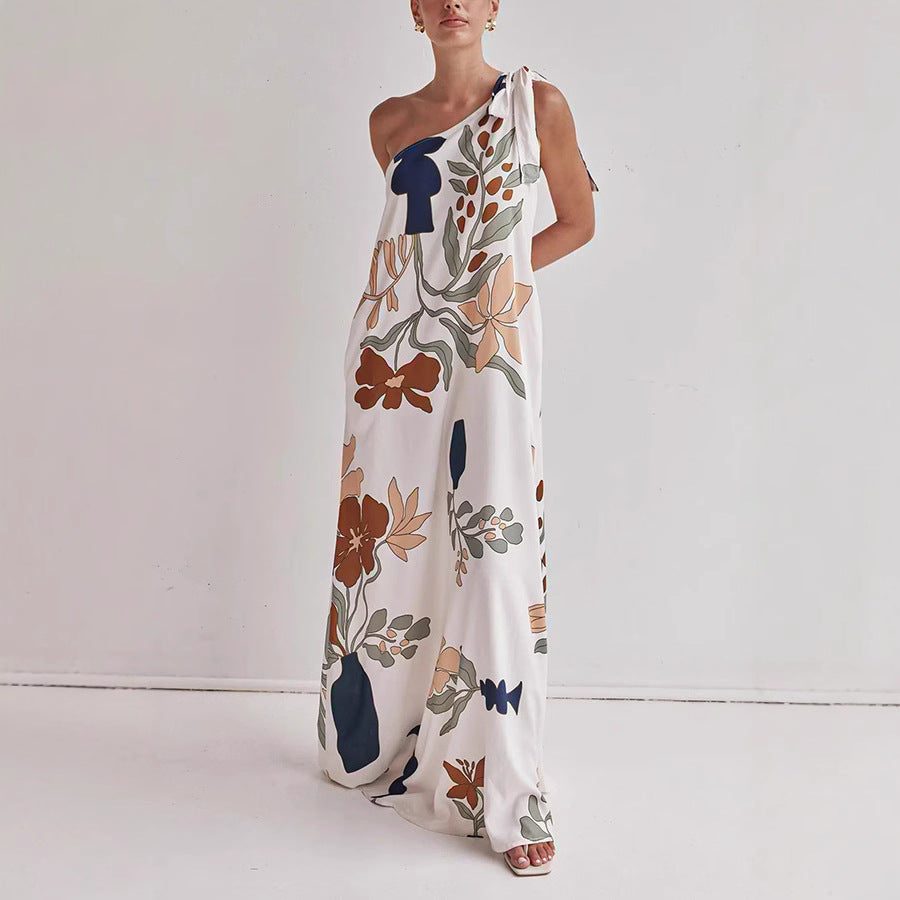 Women’s One-Shoulder Dress – Full Length – Lightweight Cotton – Bold Print – Relaxed Fit
