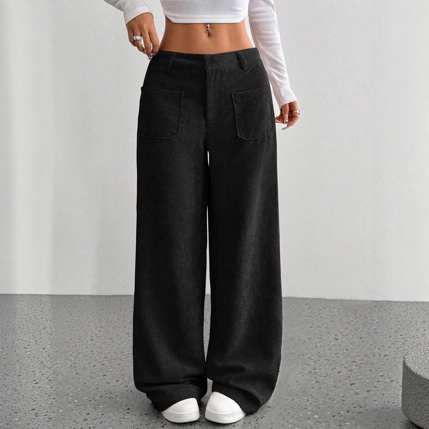 Women’s Pants - Corduroy - High Waist - Wide Leg - Front Patch Pockets