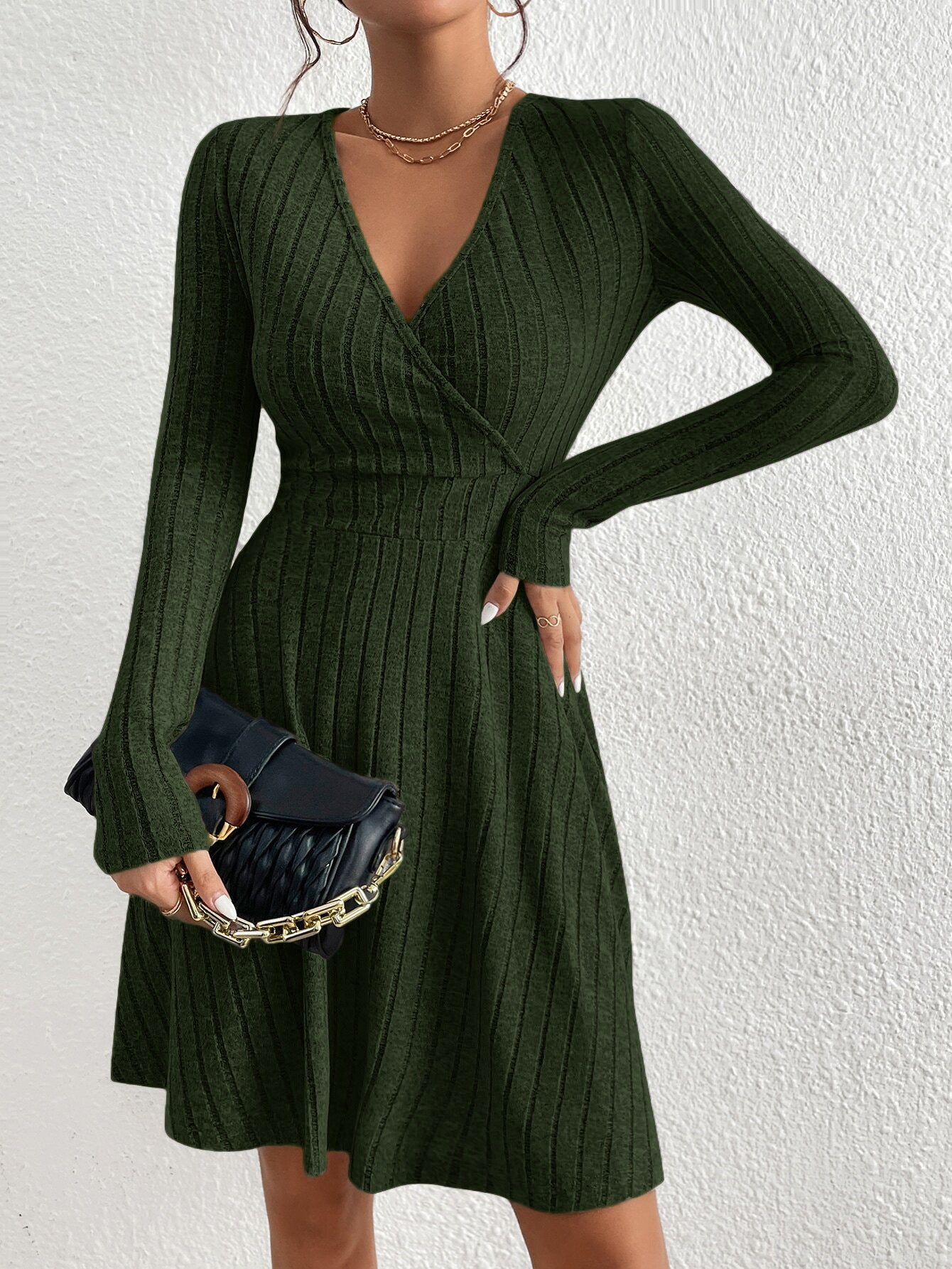 Women's Ribbed Midi Dress - Wrap V-Neck - Long Sleeve - Flattering A-Line Fit
