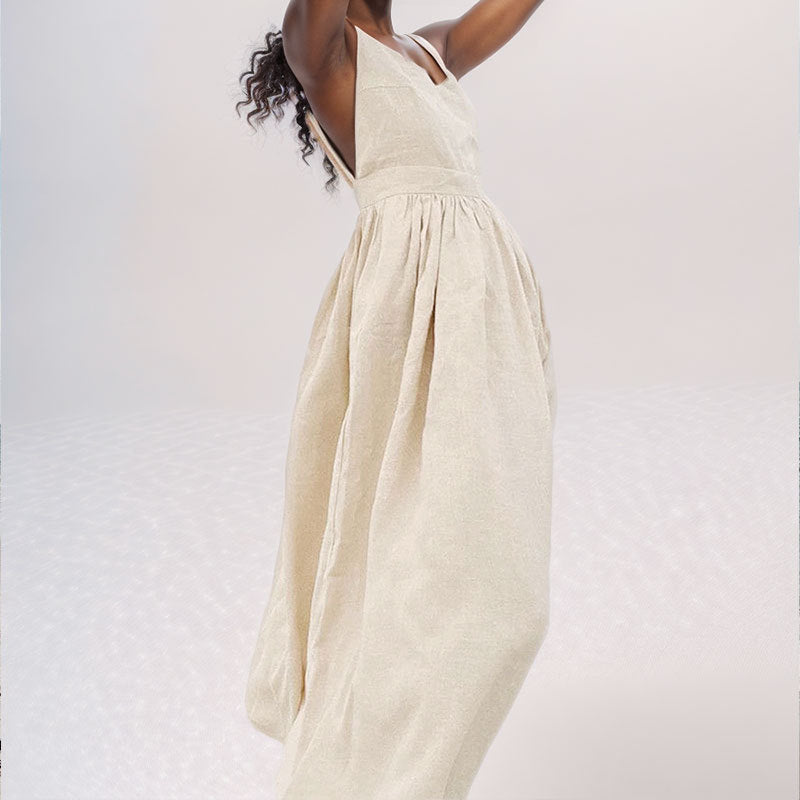 Women’s Midi Dress – Linen Blend – V-Neck – Open Back – Adjustable Straps – Side Slit