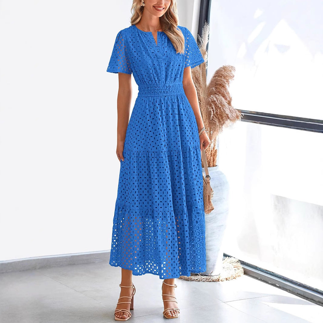 Women’s Long Dress – Embroidered Lace – V-Neck – Short Sleeve – Tiered Flowy Fit