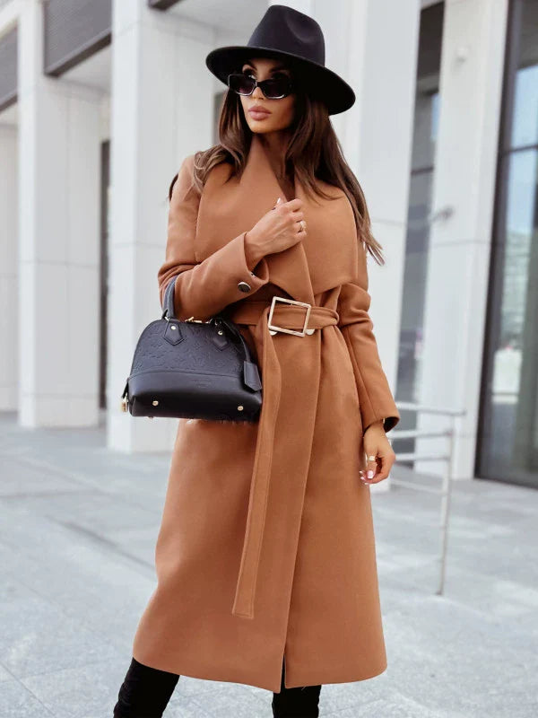 Women’s Longline Coat – Wool Feel – Tailored Relaxed Fit – Belted Waist – Draped Lapels