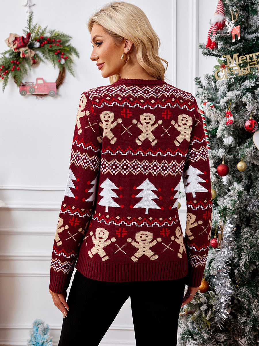Women’s Sweater – Relaxed Fit – Jacquard Knit – Crew Neck – Long Sleeve Festive Pattern