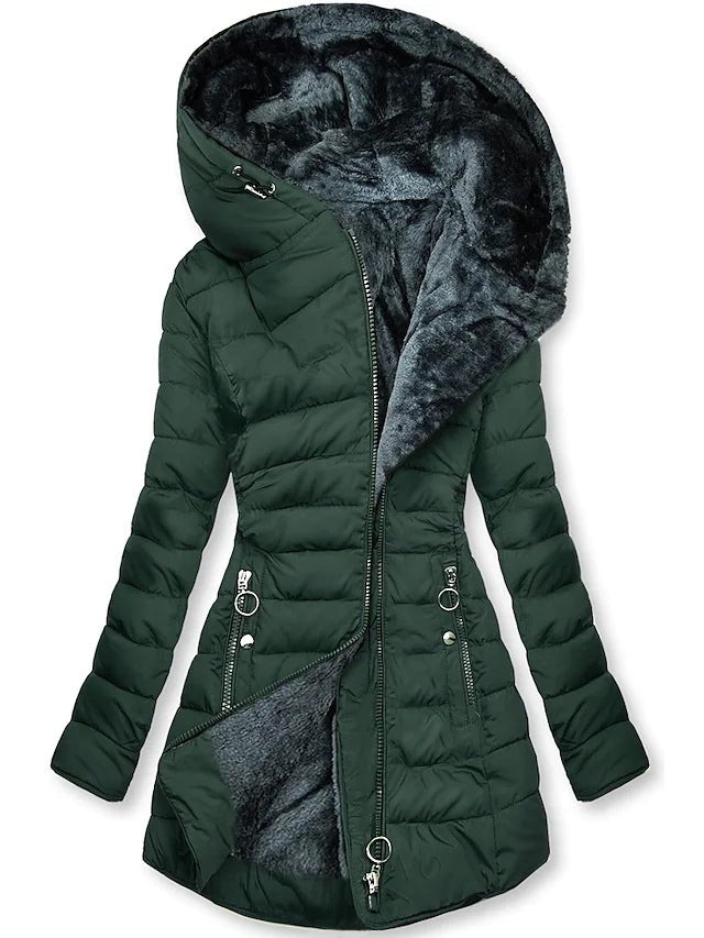 Women’s Puffer Jacket – Faux Fur Lined Hood – Quilted Mid-Thigh – Fitted Warm Style