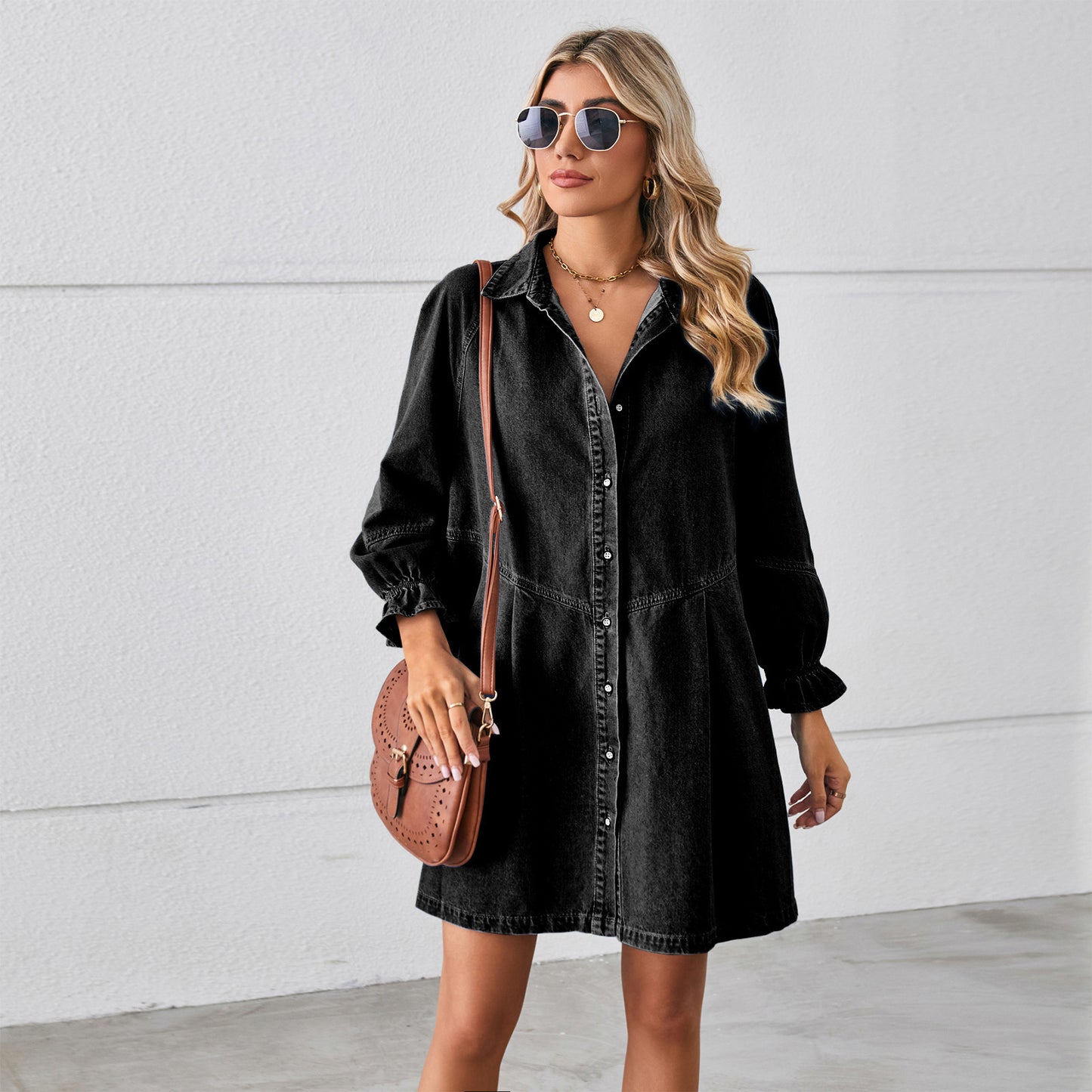 Women’s Denim Dress - Button Down Shirt Style - Long Sleeve Tailored Fit