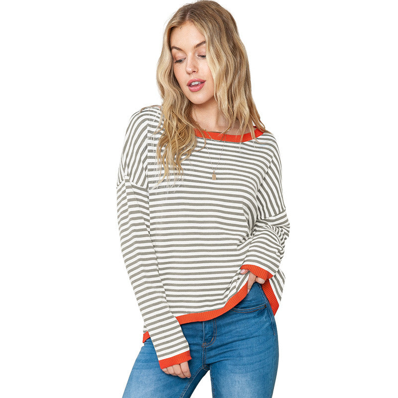 Women’s Sweater – Relaxed Fit – Knitted Pullover – Striped – Drop Shoulder Casual Wear