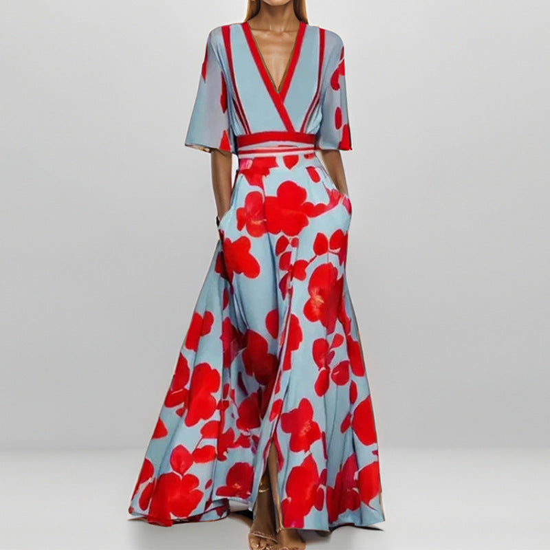 Women’s Maxi Dress – V-Neck with Trim – A-Line Fit – Lace-Up Waist – Printed Skirt – Pockets
