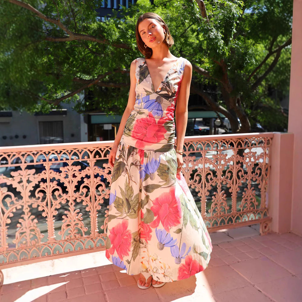 Women’s Maxi Dress – Slim Fit – Deep V-Neck – Spaghetti Straps – Floral Print – Cotton Blend