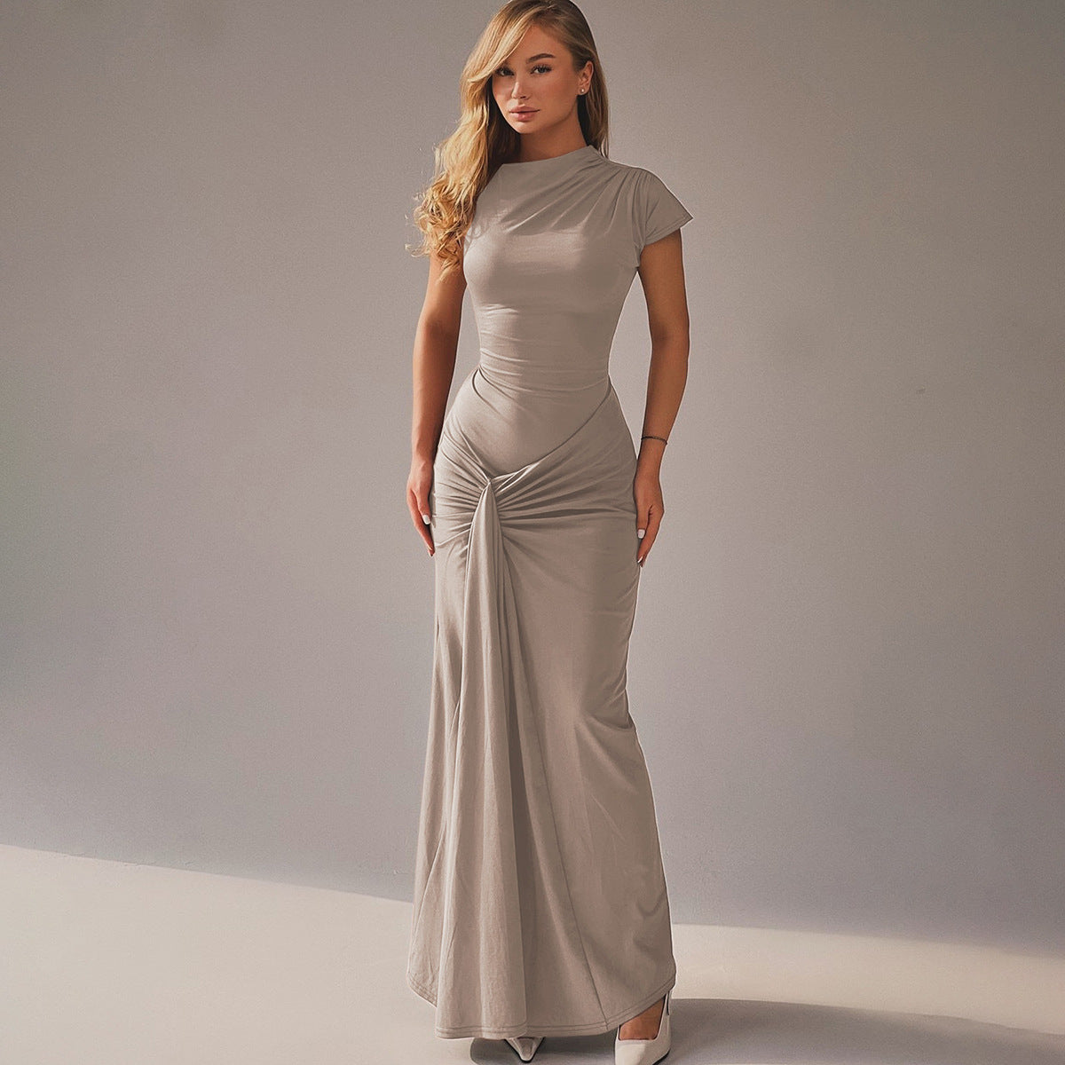 Women’s Full-Length Dress – Stretch Fabric – Draped Waist – Short Sleeve Formal Fit