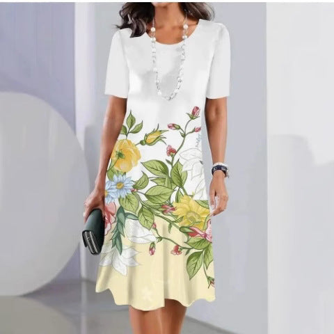 Women’s Dress – Relaxed Fit – Knee Length – Short Sleeve – Round Neck – Printed Pattern