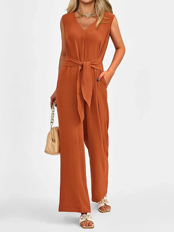 Women’s Jumpsuit – V-Neck – Sleeveless – Waist Tie – Wide Leg – Flowy Fit