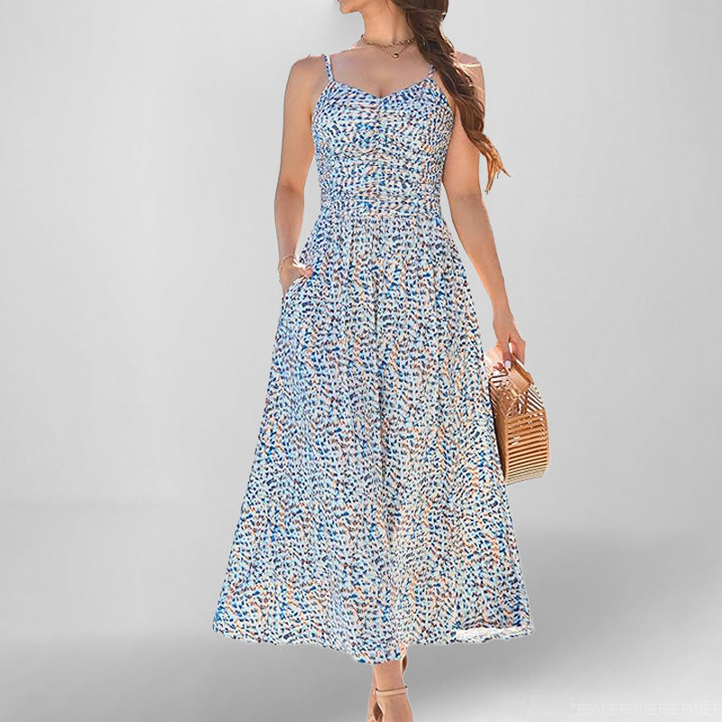 Women’s Sundress – Cotton Blend – A-Line Midi – Spaghetti Straps – Floral Print – Pockets