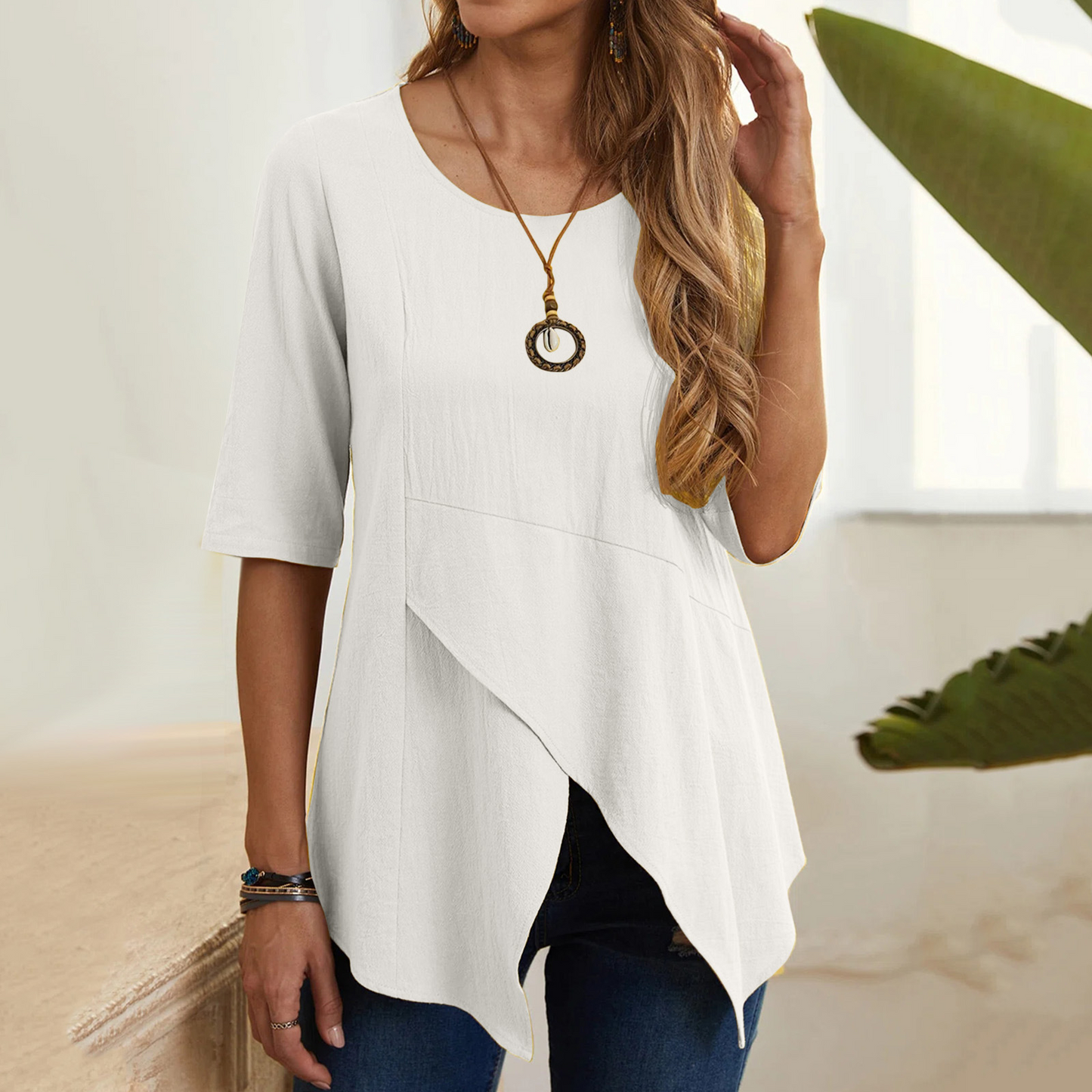 Women’s Tunic Top – Asymmetrical Hem – Half Sleeve – Loose Fit – Layered Design