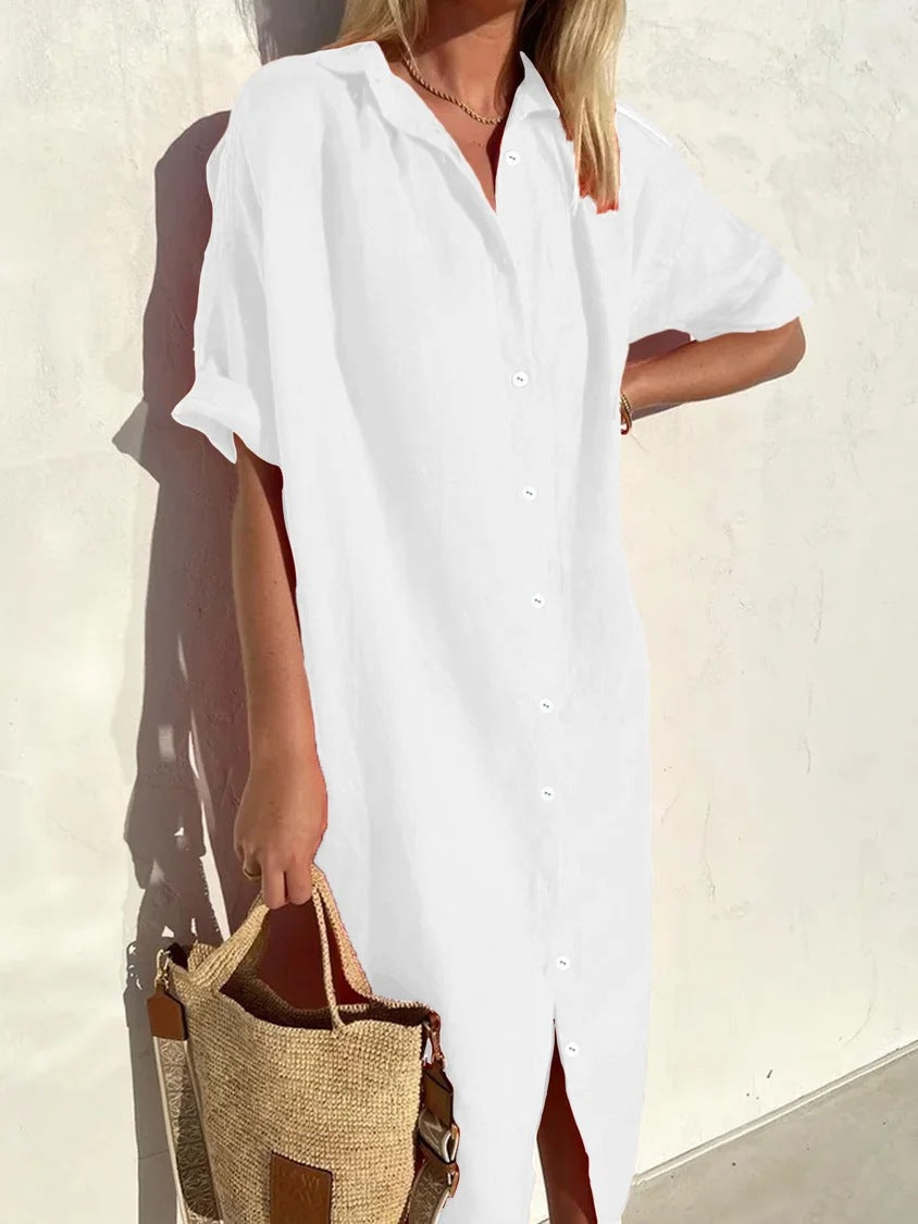 Women’s Shirt Dress – Cotton Linen Blend – Relaxed Fit – Midi Length – Button Down
