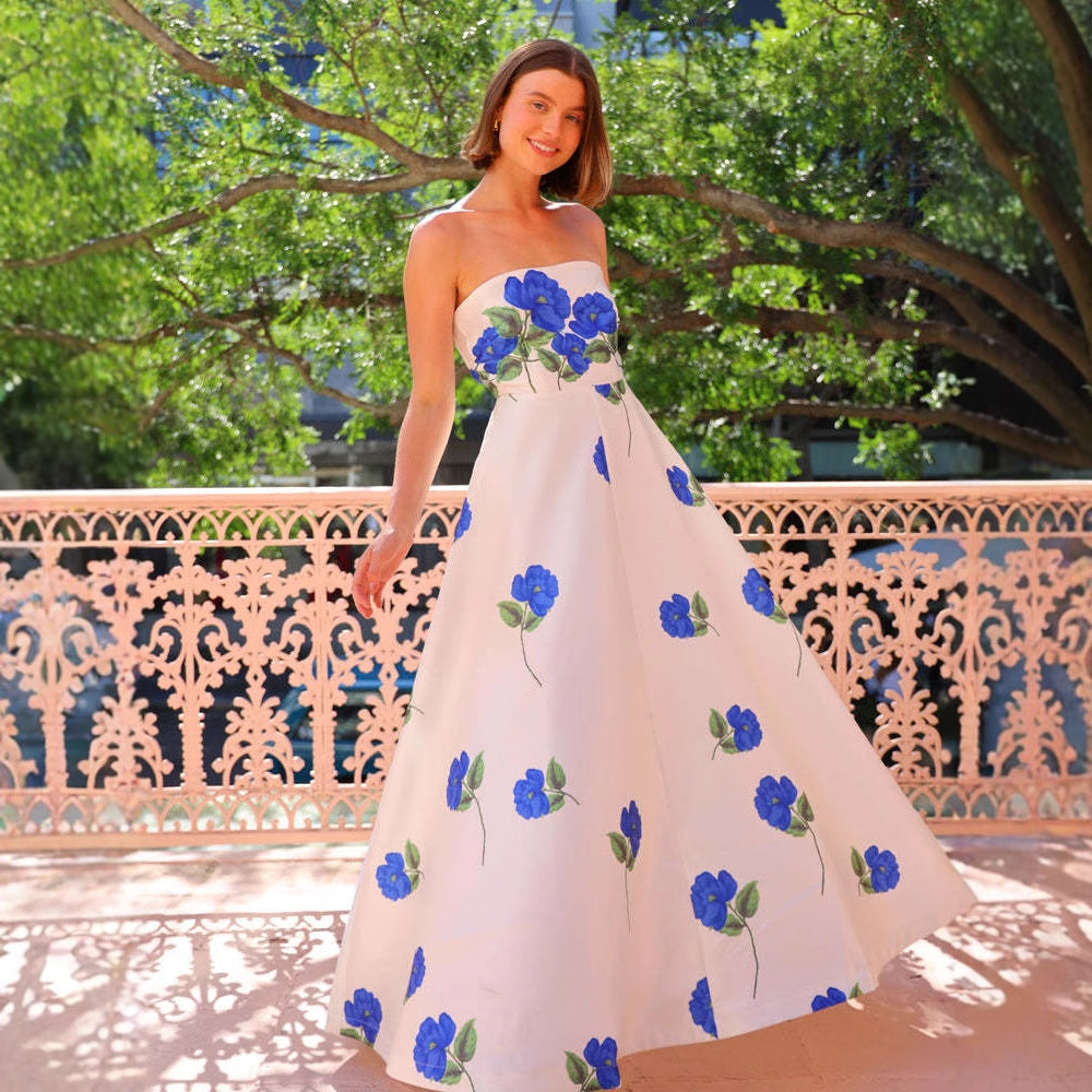 Women’s Evening Gown – Strapless Satin – Slim Fit – Floral Print Full-Length Dress
