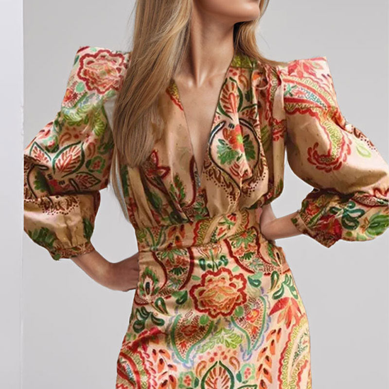 Women’s A-Line Dress – Satin Feel – V-Neck – Long Sleeve – Paisley – Fitted Waist