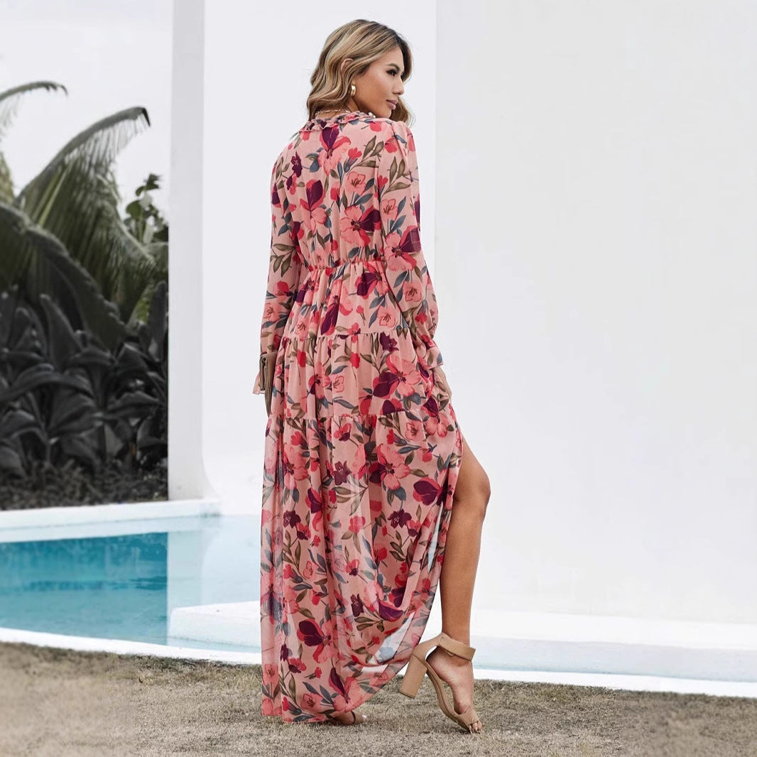 Women’s Maxi Dress – Chiffon – V-Neck – Long Sleeve – Floral Print – Ruffle Detail