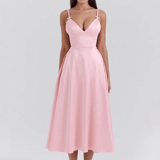 Satin V-Neck Spaghetti Strap Midi Dress