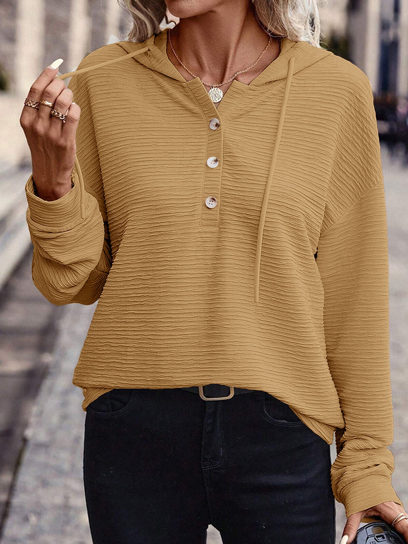 Women's Hoodie – Textured Long Sleeve Top – Button Front – Drawstring Hood – Casual Relaxed Fit