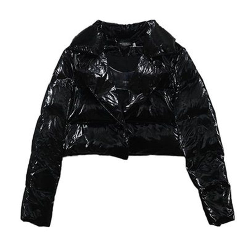 Women’s Cropped Jacket – Glossy Quilted Design – Puffy Oversized Fit – Button Front