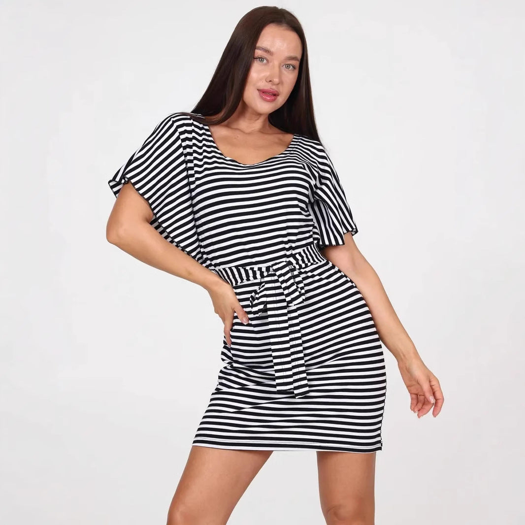 Women’s Mini Dress – Slim Fit – Striped Pattern – Short Sleeve – Belted Waist – Round Neck