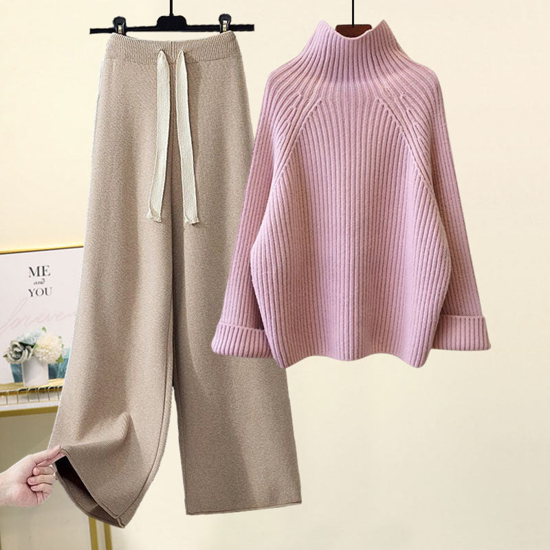Women’s Knit Lounge Set – Ribbed High-Neck Sweater – Wide-Leg Drawstring Pants