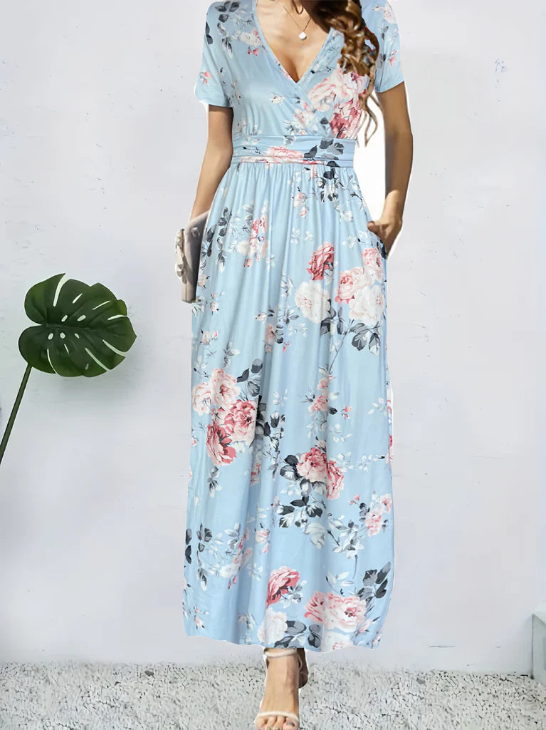 Women’s Maxi Dress – Wrap Style – Floral Print – A-Line Fit – Short Sleeve – Cotton