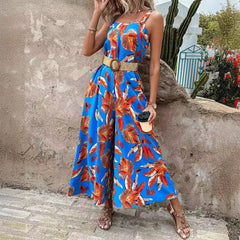 Women’s Jumpsuit – Tailored Waist – Floral Design – Wide Leg – Breathable Blend