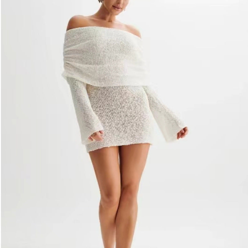 Women’s Knit Beach Dress – Off Shoulder – Slim Fit – Semi Sheer – Flared Sleeve Cover Up