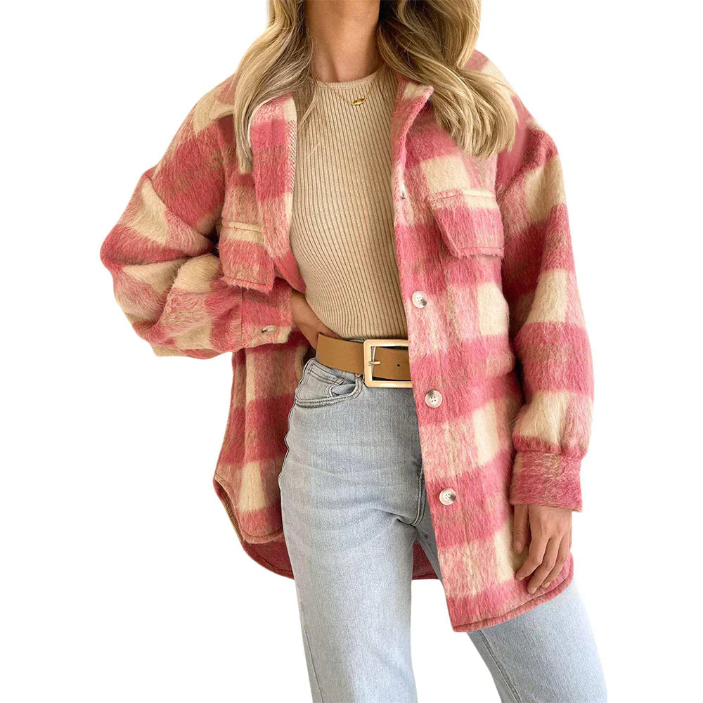 Plaid Mohair Blend Long Sleeve Coat
