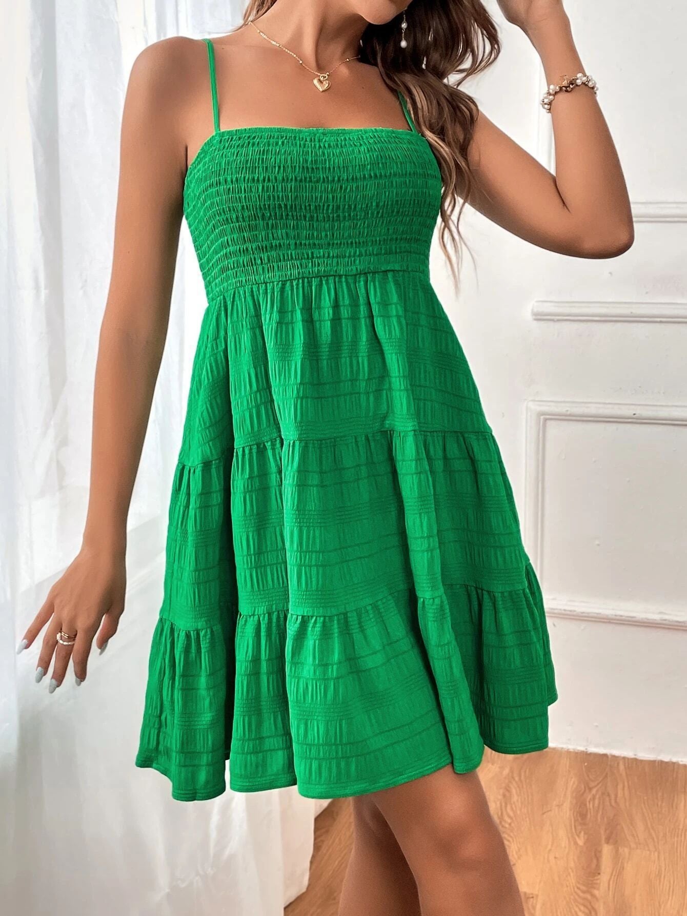Women's Sundress - Smocked Bodice - Spaghetti Straps - Tiered Flowy Skirt